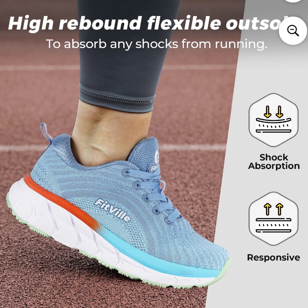 Fitville Running Shoes Women 7M Wide Width FlowCore V2 Sky Blue Knit Heel Arch - Picture 2 of 13